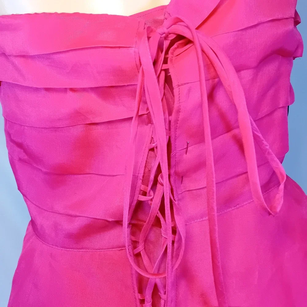 Vintage Y2K Bebe 100% Silk Mini Dress Hot Pink Ruffle One Shoulder Corset Back M - Picture 12 of 16